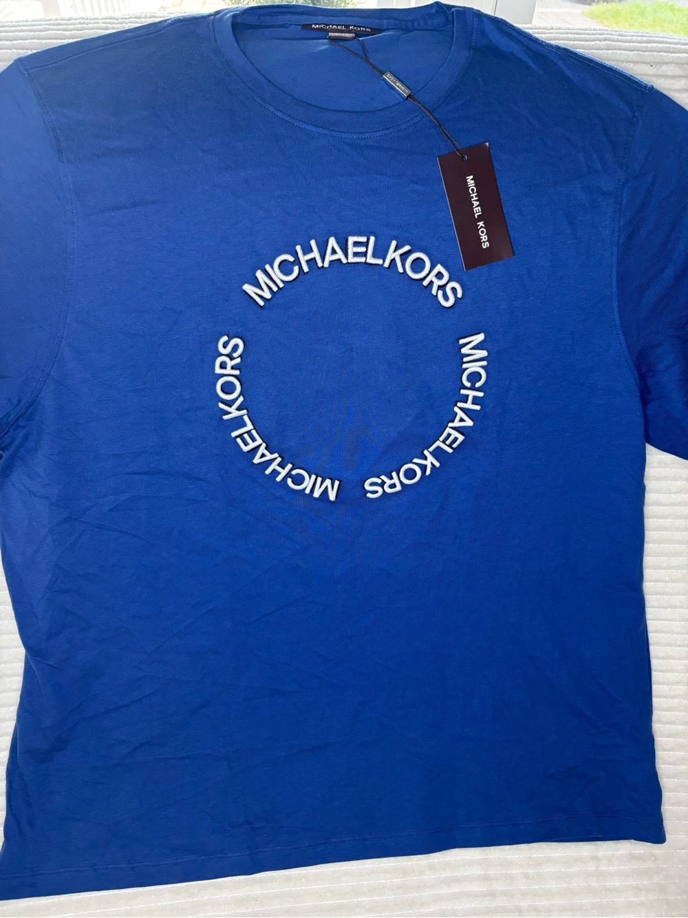 Michael Kors Shirt Mens XL NWT Blue Graphic Circle Spellout Logo Crewneck Tee